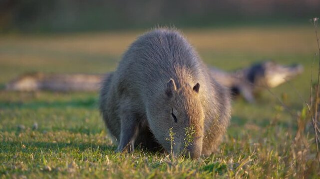 Capybara feeds on short grass while a yacare caiman lies in the blurred background in warm evening light. Rack Focus.