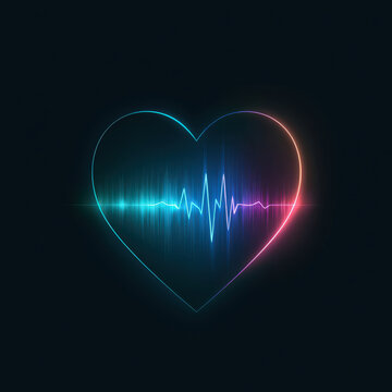 Glowing neon heart shape with heartbeat pulse line on dark background, cardiac health concept illustration