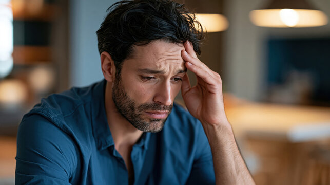 Stressed man with headache holding head in pain at home, worried male experiencing anxiety and mental health issues