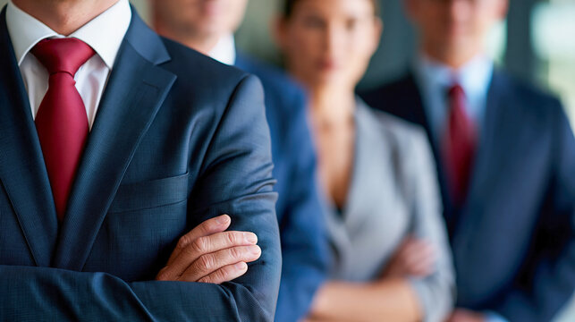 Professional business team standing with arms crossed in corporate office environment showing confidence and leadership