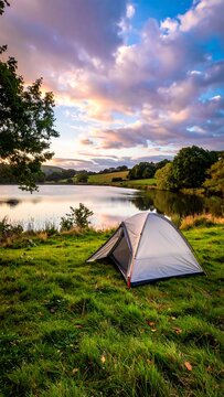 A serene camping scene featuring a small tent on grassy shore
