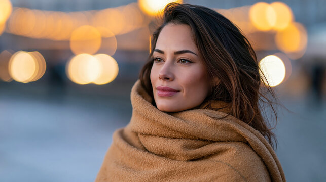 Beautiful young woman wrapped in cozy beige scarf outdoors during winter evening with bokeh lights