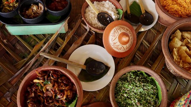 Overhead view of a traditional Sri Lankan village feast served in clay pots and bowls, with rice, curries, sambols and crispy poppadums arranged on a woven mat.