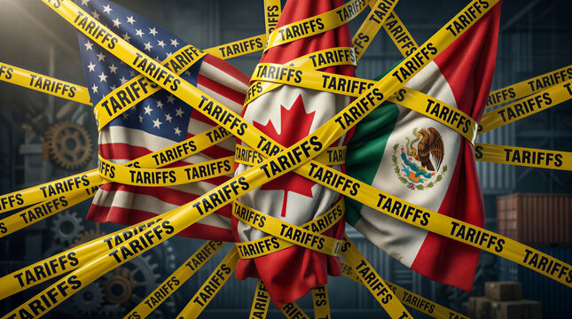 Tariffs between US Canada and Mexico The flags of the United States Canada, and Mexico are wrapped in yellow caution tape labeled TARRIFFS