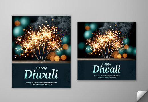 Editable Happy Diwali Festival Social Media Greeting Post Template Set with Sparkling Sticks on Bokeh Dark Background.