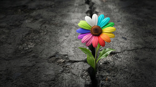 Resilience in Bloom A vibrant multi colored flower emerges defiantly from a deep crack in barren earth symbolizing hope perseverance and the triumph of life over adversity