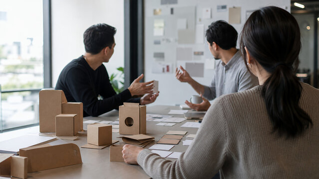 Startup founders reviewing prototype in coworking meeting