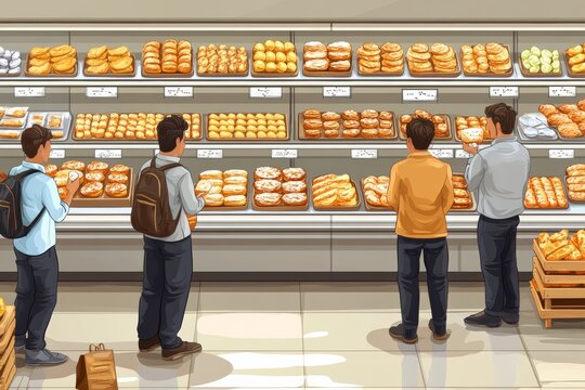 selective focus isometric bakery with pastry displays ovens and happy customers