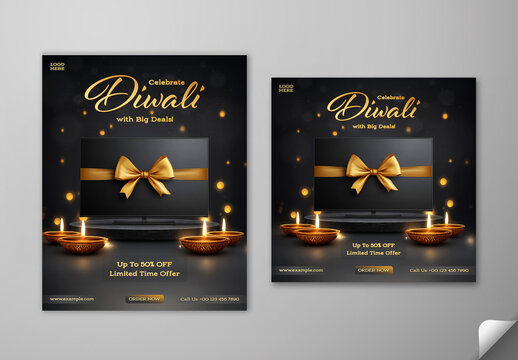 Editable Diwali Festival Sale Social Media Post Template Set with Up to 50 Percent Off on LCD TV Display Tied by Golden Ribbon and Burning Oil Lamps (Diya) on Black Background.