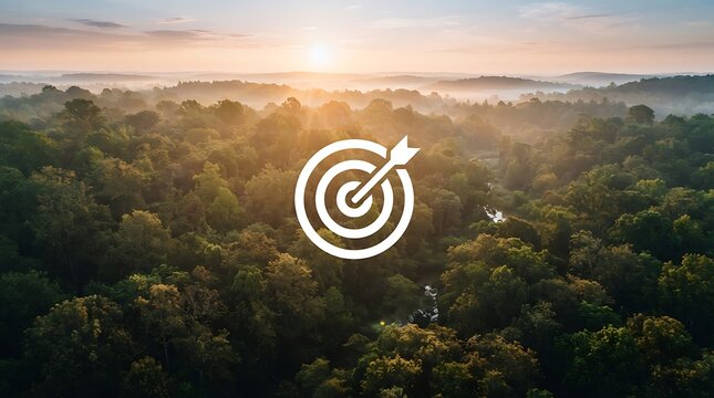Drone aerial view of target location with GPS pin. Top-down navigation marker on lush green forest at sunrise.