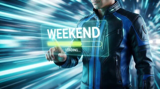 Professional checking weekend schedule on futuristic digital interface. Businessman using holographic calendar for time management and planning.