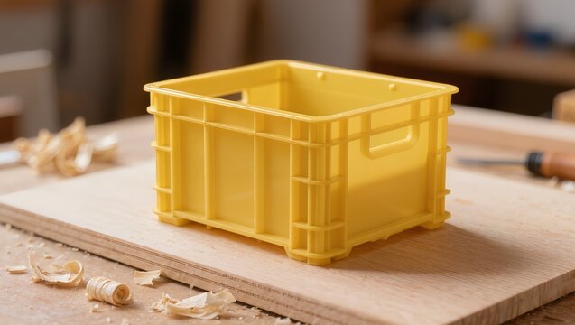 A small bright yellow plastic storage crate rests on a sturdy wooden board inside a professional carpentry workshop, surrounded by scattered natural wood shavings and artisan woodworking tools