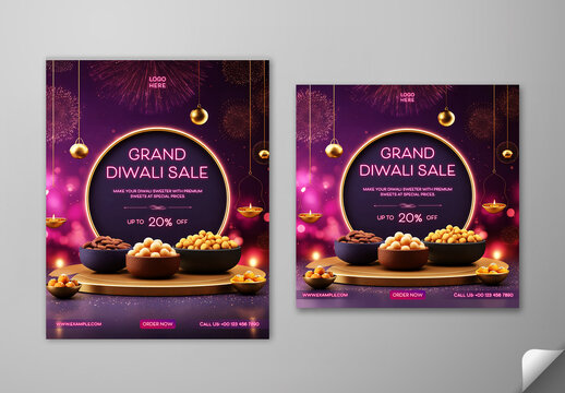 Editable Diwali Festival Sale Social Media Post Template Set with Up to 20 Percent Off on Delicious Indian Sweets and Festive Purple Background.