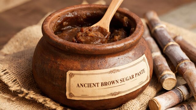 Close-up shot of ancient brown sugar paste inside earthen clay pot, wooden spoon submerged in thick cane syrup, sugar cane stalks beside jar on hessian cloth, vintage decorative paper label, tradition
