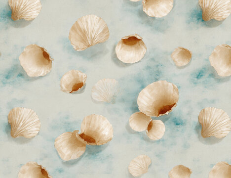 Seashell pattern with scattered shell halves on soft blue background