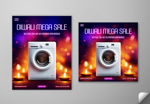 Editable Diwali Mega Sale Social Media Post Template Set with 20 Percent Discount on Premium Appliances and Festive Background.