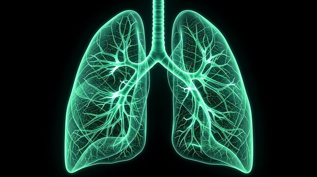 3D medical illustration of human lungs with glowing bronchial tree. High-detail digital anatomy render for healthcare and respiratory system educat...