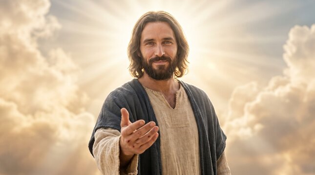 Jesus Christ extends his reaching hand with a gentle smile in front of radiant sunbeams and sky clouds.
