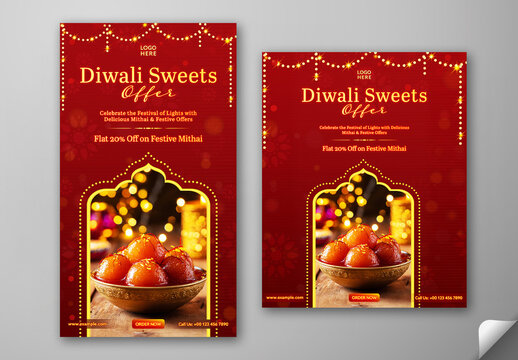 Editable Diwali Sweets Offer Social Media Post and Story Template with 20 Percent Discount and Yummy Gulab Jamun in Bowl on Festive Red Background.