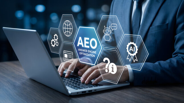 Answer engine optimization AEO concept featuring laptop user improving AI search visibility, chatbot responses, semantic content, website discovery and online marketing strategy