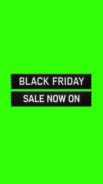 BLACK FRIDAY SALE NOW ON vintage retro embossed label graphic animates onto the screen. chroma key green 4k 9x16 portrait vertical