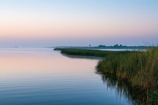 Serene wetlands by Lake Okeechobee at dawn, soft colors, gentle water, natural light