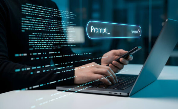 Generative AI prompt engineering concept with person typing commands on laptop, search bar interface, generate button, coding data, artificial intelligence and content creation