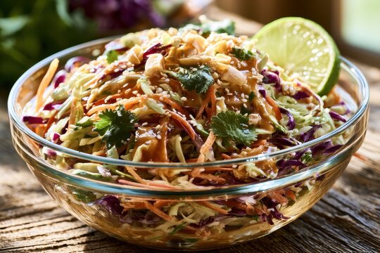 Shredded Asian slaw with peanut butter dressing and sesame topping