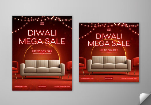 Editable Diwali Mega Sale Social Media Post Template Set with Up to 30 Percent Off on Sofa Furniture and Festive Red Background
