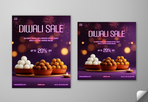 Editable Diwali Festival Sale Social Media Post Template Set with Up to 20 Percent Off on Delicious Indian Sweets and Festive Purple Background.