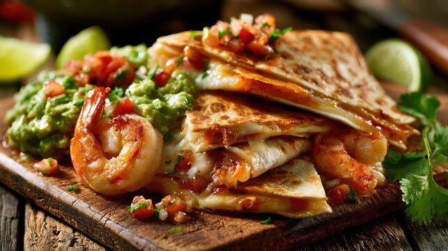 Shrimp quesadillas on a rustic board with guacamole and pico de gallo