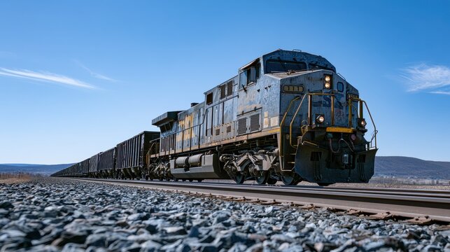 Side view of a freight locomotive pulling cars along a quiet countryside railway in the United States