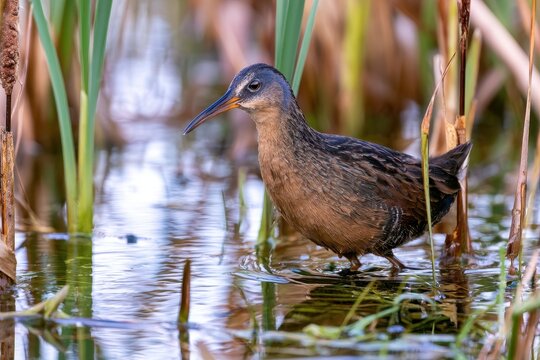 Shy Virginia Rail foraging through cattails by reflective water