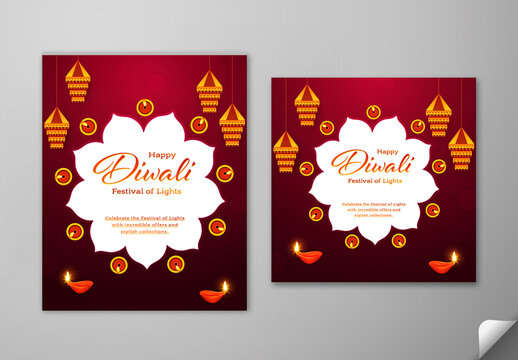 Editable Happy Diwali Festival Social Media Greeting Post Template Set with Decorative Burning Oil Lamps (Diya) and Hanging Kandil on Dark Red Background.