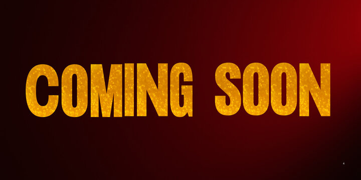 Coming soon text with gold glitter texture, cinematic announcement banner on dark red gradient background, luxury teaser graphic for product launch