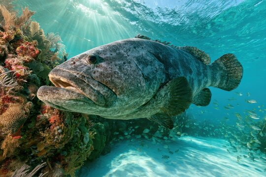 Silent giant of the reef: Goliath grouper navigating a colorful tropical reef ecosystem