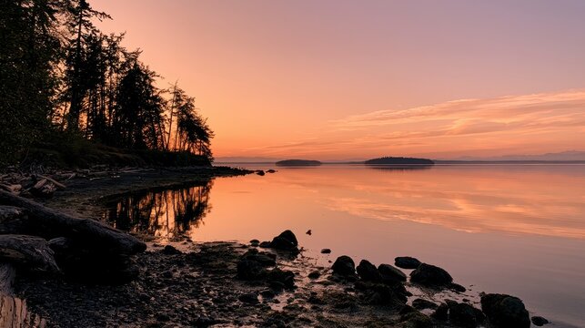 Silhouetted shoreline and tranquil water at Camano Island sunset