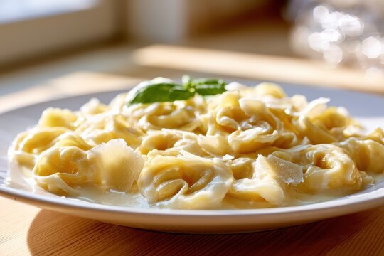 Silky Cream Sauce Enveloping Tortellini, Italian Pasta Dish with Fresh Herbs