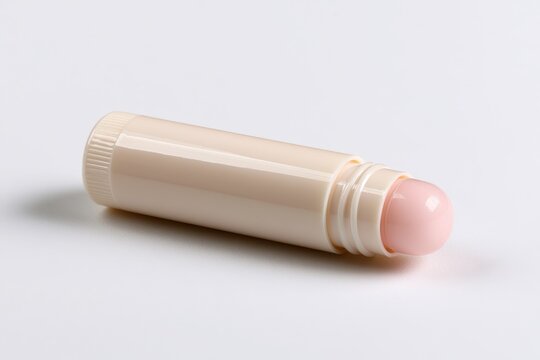 Single cosmetic lip balm in a clean white setup, angled on a seamless backdrop