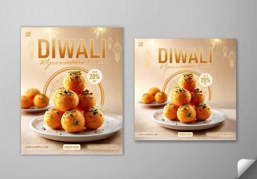 Editable Diwali Festival Sale Social Media Post Template Set with Up to 20 Percent Off on Delicious Indian Sweet (Laddu).
