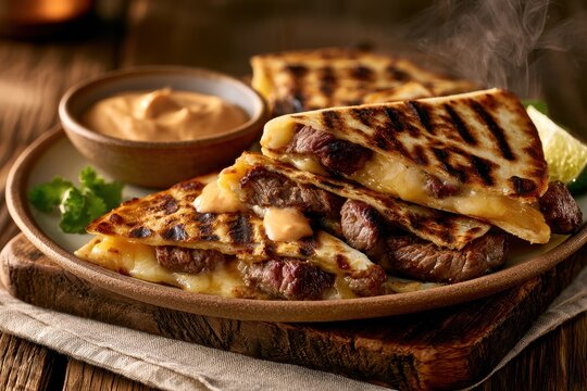 Sliced steak quesadilla with smoky chipotle aioli on a rustic wooden board