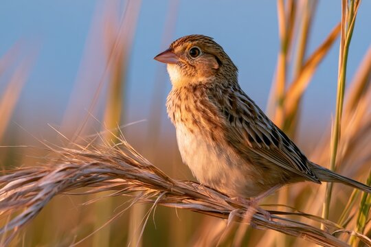 Small grassland bird in calm prairie habitat among dried grasses