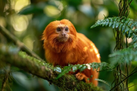 Small tropical primate with bright orange fur in dense rainforest setting
