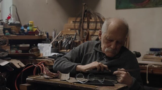 Elderly craftsman working in his old workshop, carefully restoring collectible Japanese bladed weapons