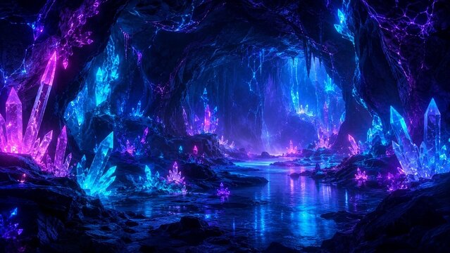 neon crystal cavern scene seamless pattern background, Neon Glow style