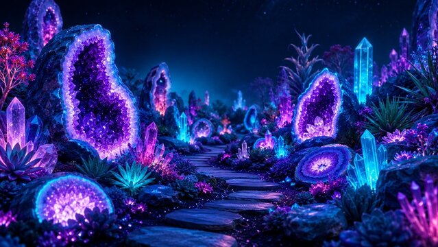 glowing geode garden scene seamless pattern background, Neon Glow style