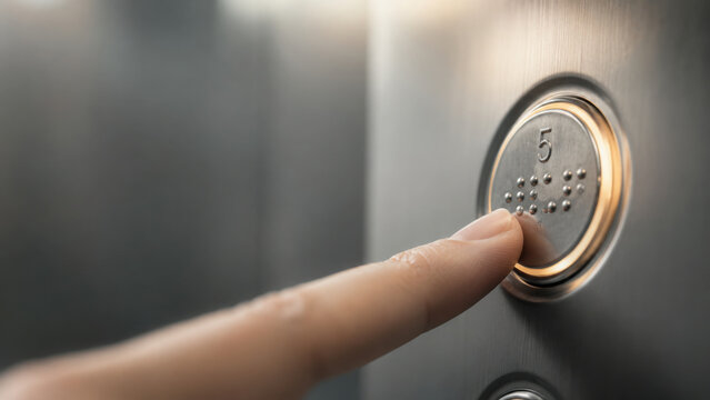 Elevator button with braille for accessibility being pressed by finger in modern building showing inclusive design and easy access