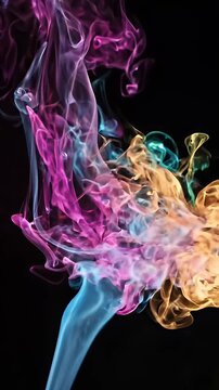 Vibrant Multicolored Smoke Flowing on Black Background - A dynamic visual of multicolored smoke wisps in vibrant pink, blue, green, and orange hues dancing against a stark black background.