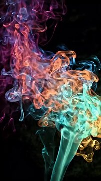Vibrant Multicolored Smoke Swirls on Dark Background - Ethereal wisps of multicolored smoke dance and swirl against a stark black background.