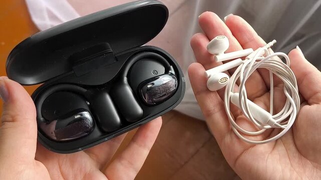 Woman comparing wireless earbuds and wired earphones in hands, audio technology, music listening and headphone choice concept.